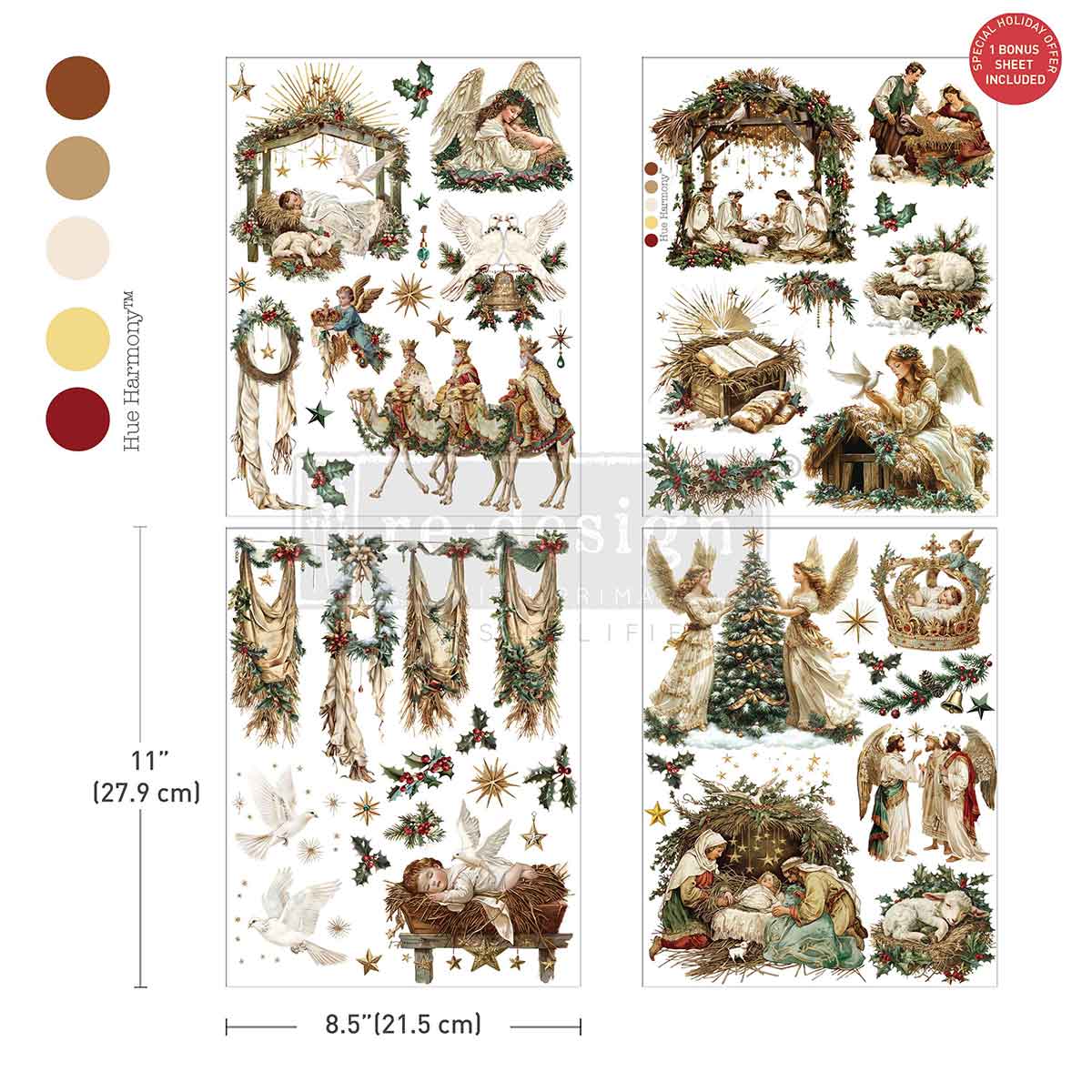 Sheet of Christmas-themed rub-on transfers with nativity scene design, including angels, baby Jesus, and three wise men. Sacred Night Collection Middy Redesign Transfer