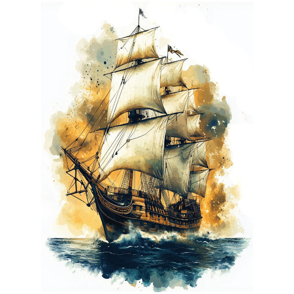 Illustration of a large sailing ship on water. Ship 1 White Cloud Decor Transfer