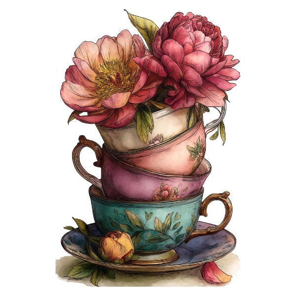 Stack of colorful teacups with flowers. Stacked Tea Cups White Cloud Decor Transfer