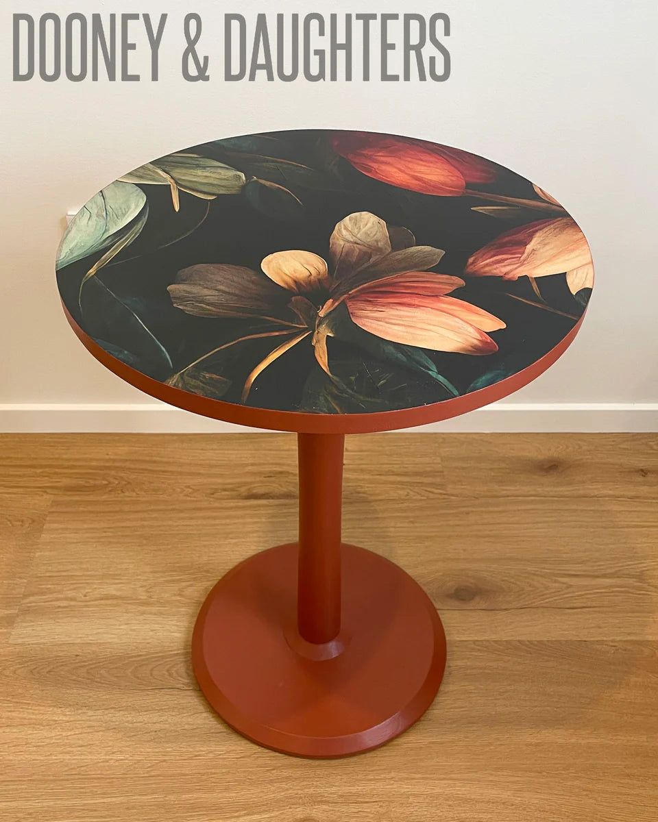 Round table with floral design Autumn Decoupage Paper top paintd in Autumn Rust.