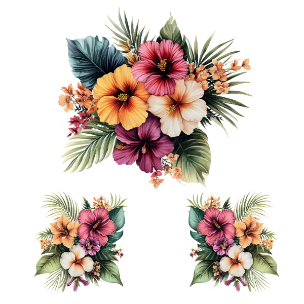 Set of tropical flower arrangements with colorful flowers and green leaves. Tropical Flowers 1 White Cloud Decor Transfer