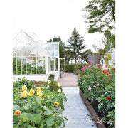 Greenhouse with garden pathway and flowers